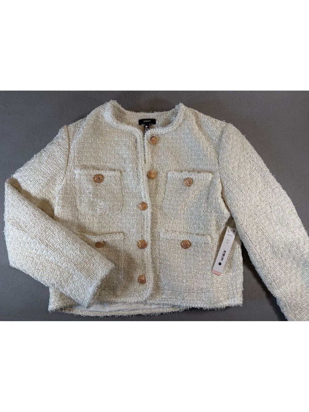 Aqua Ivory Tweed Cropped Jacket with Gold Buttons, Size M